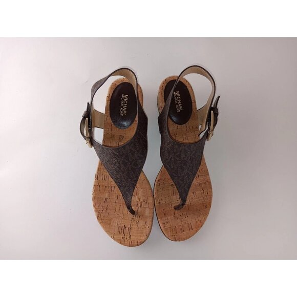 Michael Kors London Brown Logo Print  Thong Block Heel Slingback Sandals Sz 9M - Picture 1 of 8